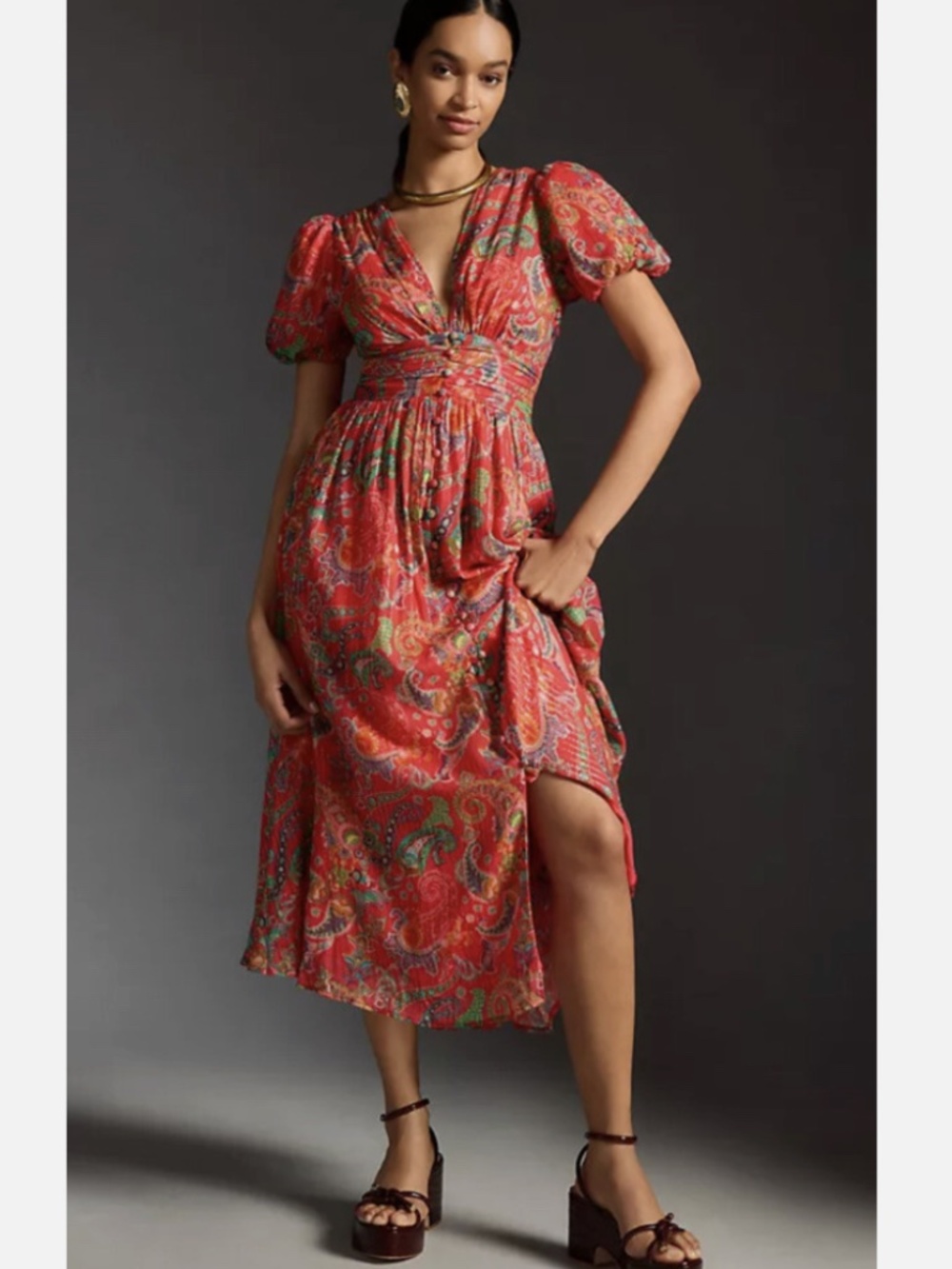 Anthropologie Katerina Button-Front Dress | Size 10, Red